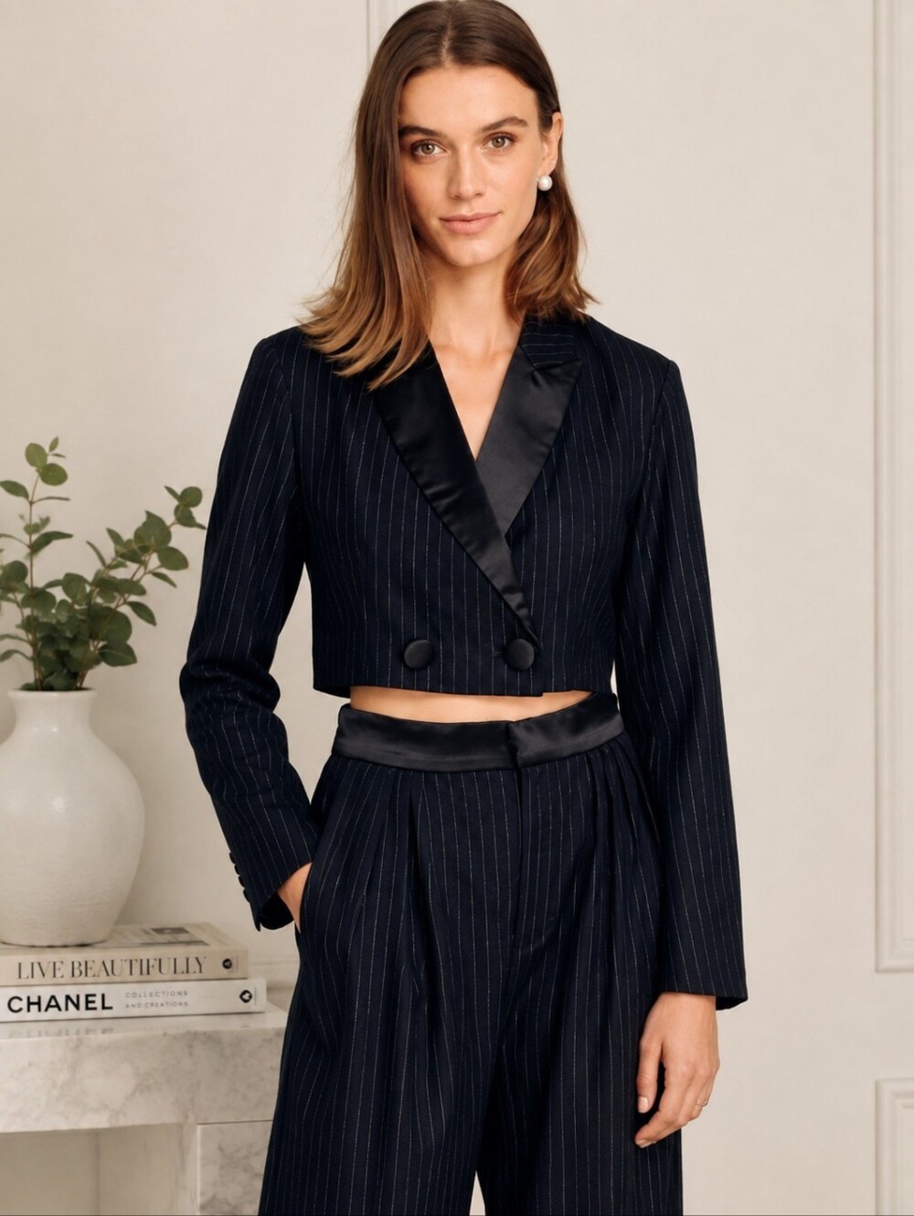 Torn by Ronny Kobo Black Pinstripe Cropped Tuxedo Blazer XS NWT